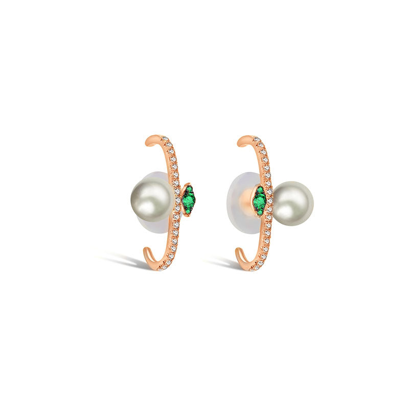 18k Gold Half Hoop Diamond Earring with Pearl and Emerald - Genevieve Collection