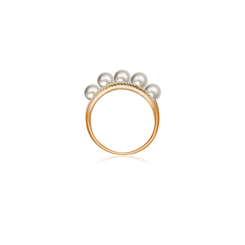 18k Gold Double Line Diamond Ring With Pearl - Genevieve Collection