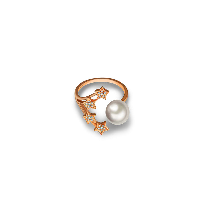 18k Gold Quadruple Star Open Diamond Ring With Pearl - Genevieve Collection