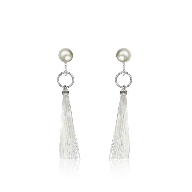 18k Gold Round Shape Tassel Diamond Earring With Pearl - Genevieve Collection
