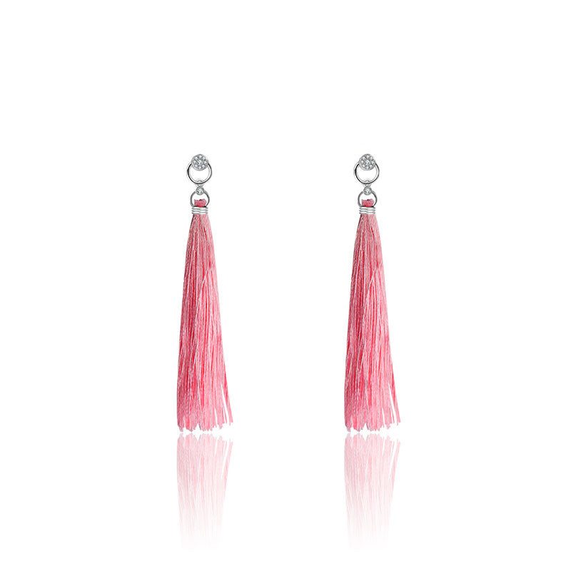 18k Gold Round Shape Diamond Earring with Pink Tassel - Genevieve Collection