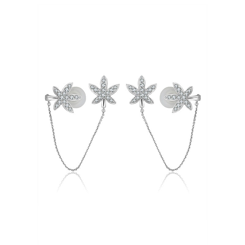 18k Gold Leaf Shape with Chain Diamond Ear Cuff & Earring - Genevieve Collection