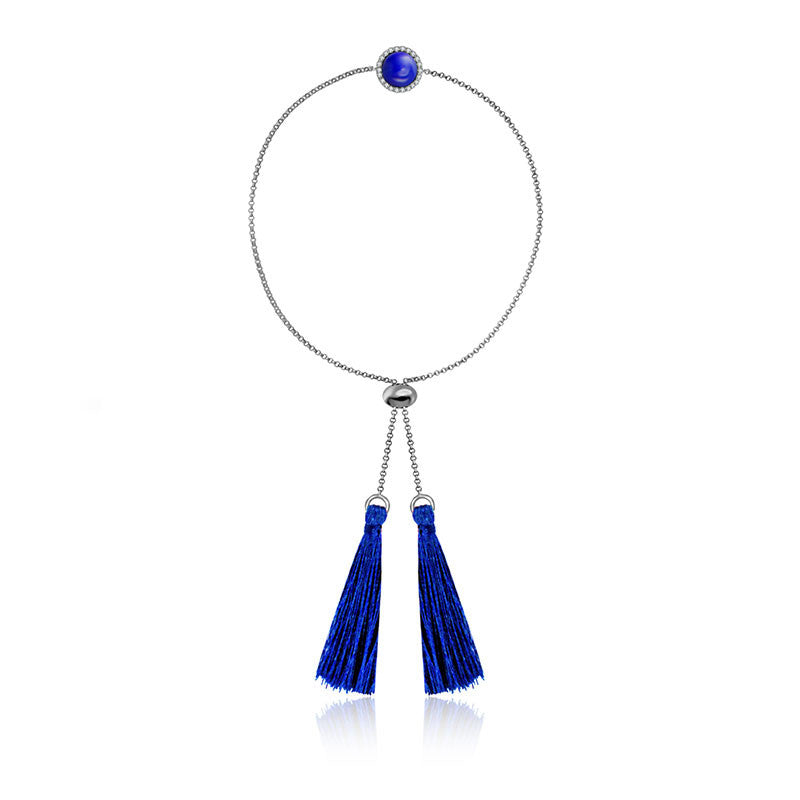 18k Gold Round Lapis Diamond Bracelet with Blue Tassel - Genevieve Collection