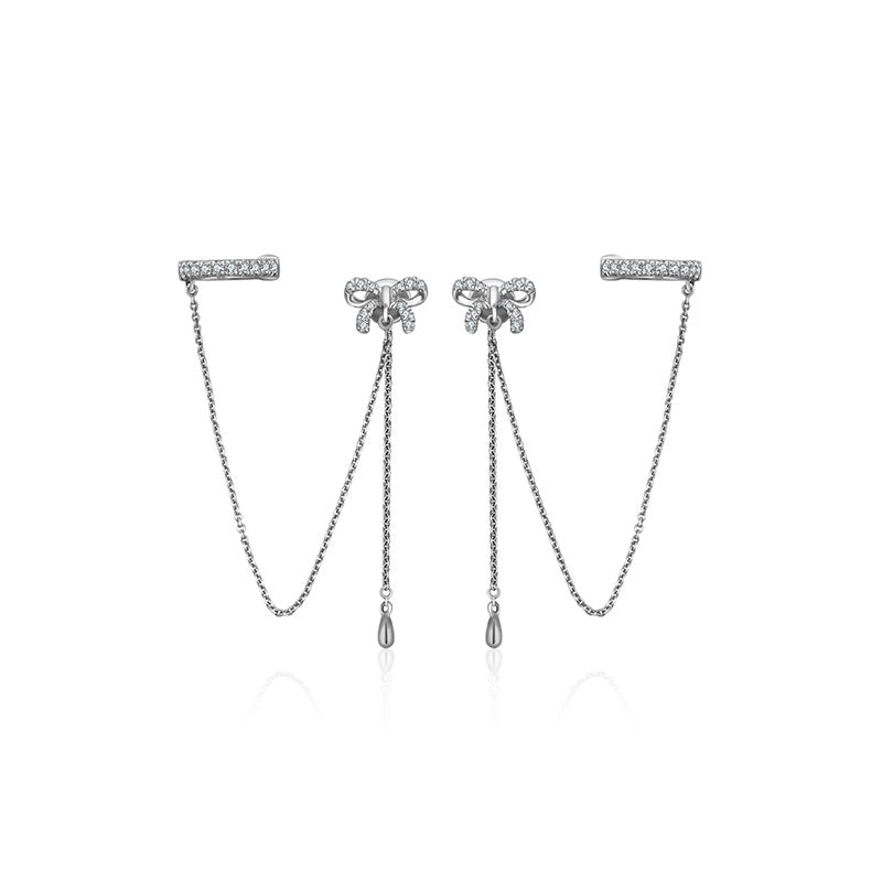 18k Gold Ribbon Shape with Chain Diamond Ear Cuff & Earring - Genevieve Collection