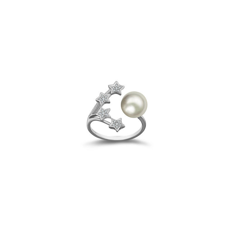 18k Gold Quadruple Star Open Diamond Ring With Pearl - Genevieve Collection