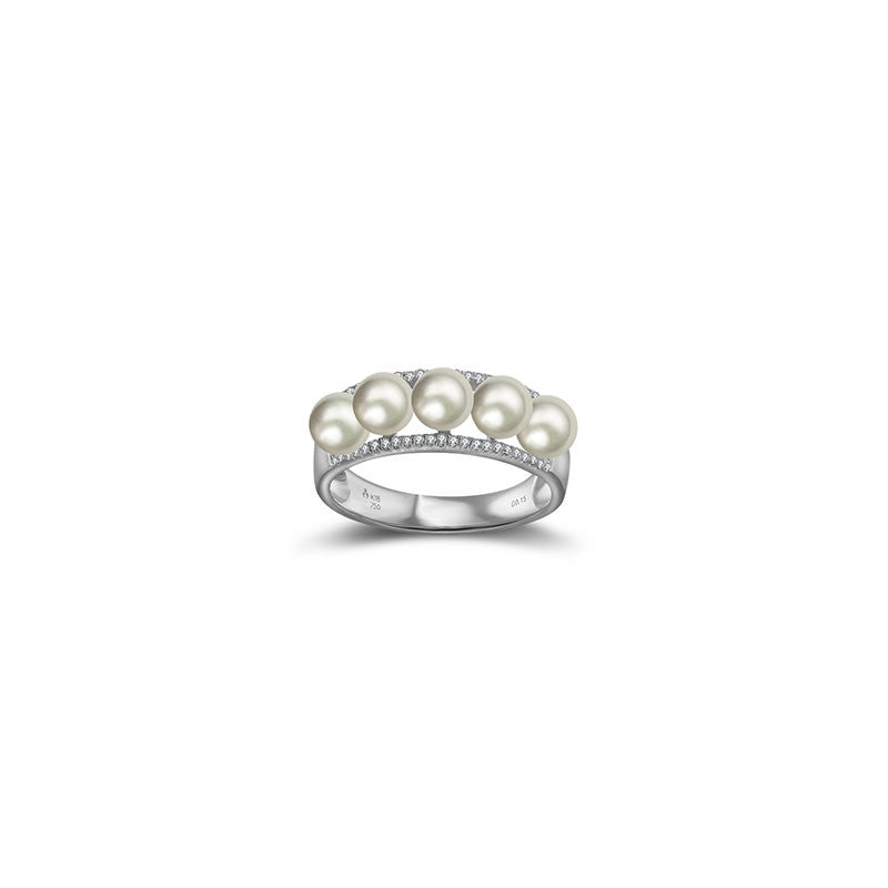 18k Gold Double Line Diamond Ring With Pearl - Genevieve Collection