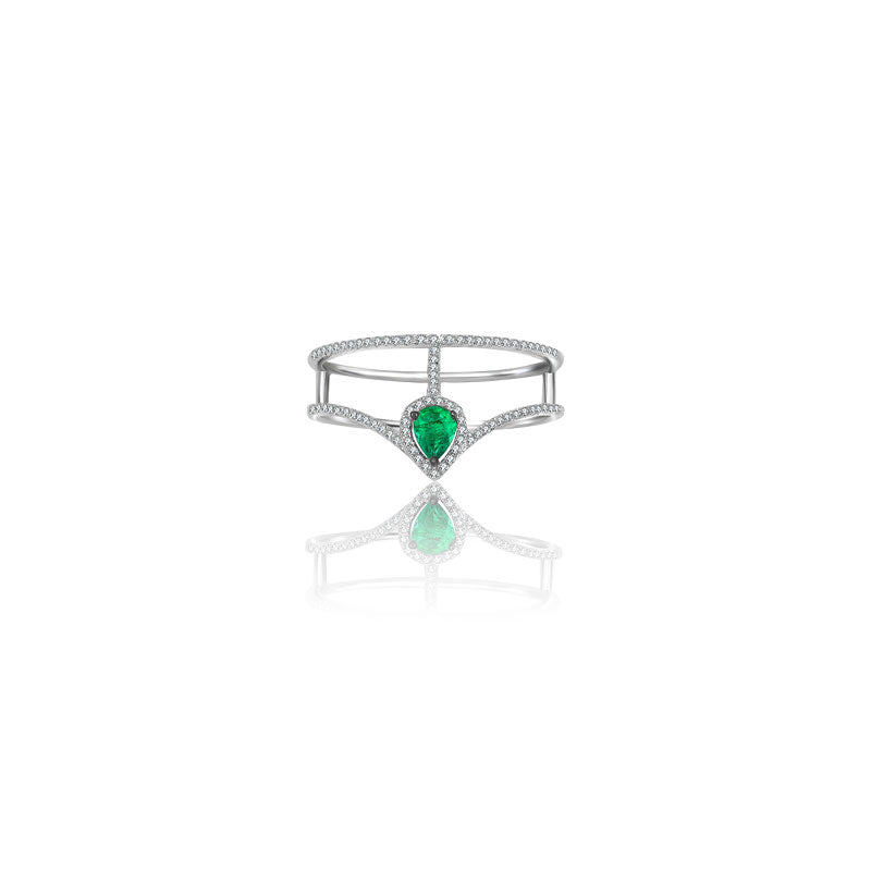18k Gold Curve Diamond Double Ring with Drop Shape Emerald - Genevieve Collection