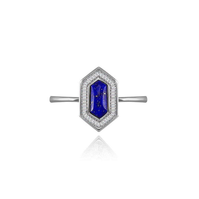 18k Gold Hexagonal Shape Lapis Diamond Ring - Genevieve Collection