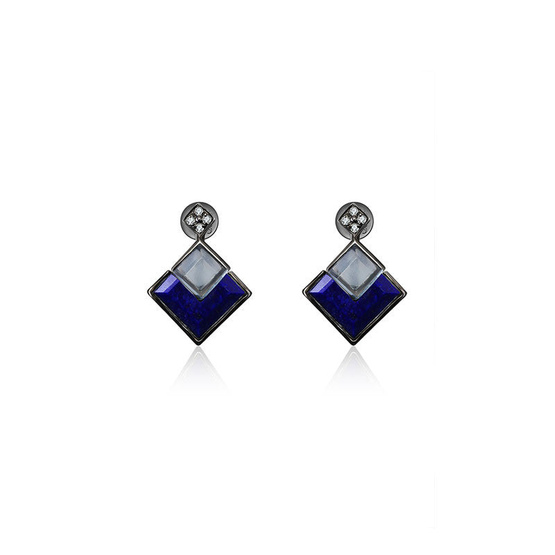 18k Gold Square Shape Topaz And Lapis Diamond Earring - Genevieve Collection