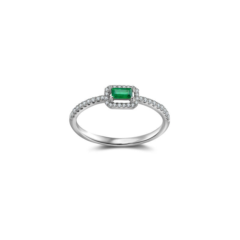 18k Gold Rectangle Shape Emerald Ring Surrounded by Diamond - Genevieve Collection