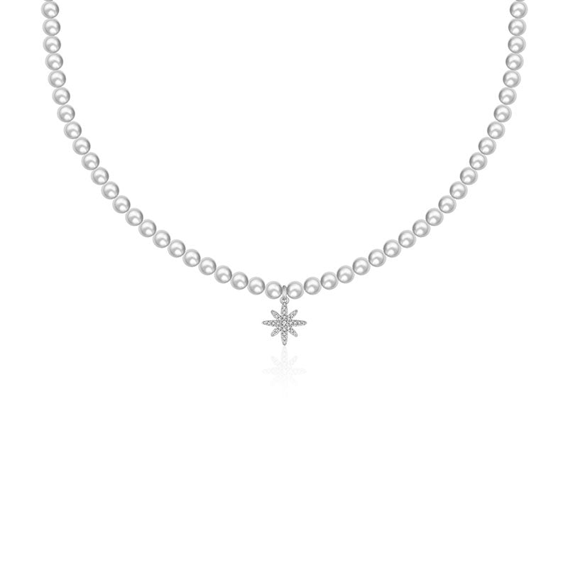 18k Gold Star Shape Diamond & Pearl Necklace - Genevieve Collection