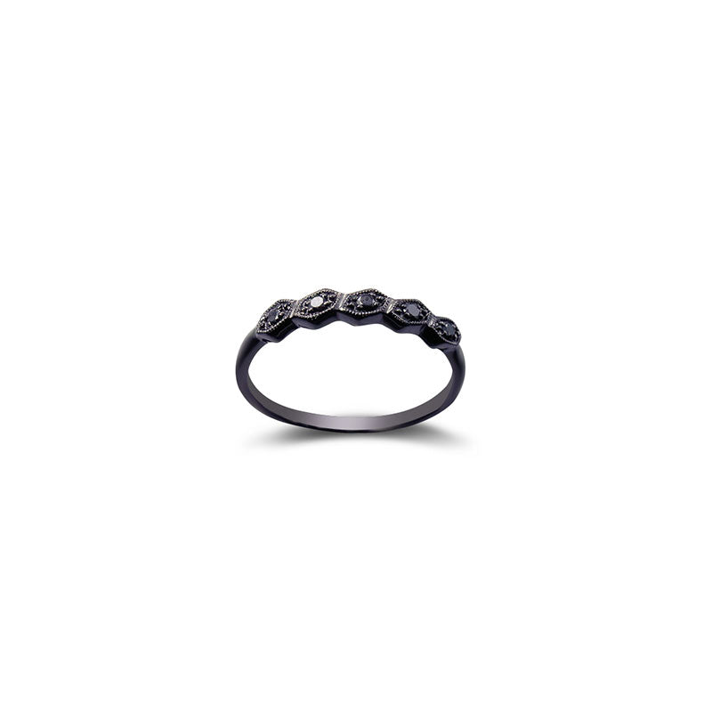 18k Gold Hexagon Pattern Black Diamond Ring - Genevieve Collection