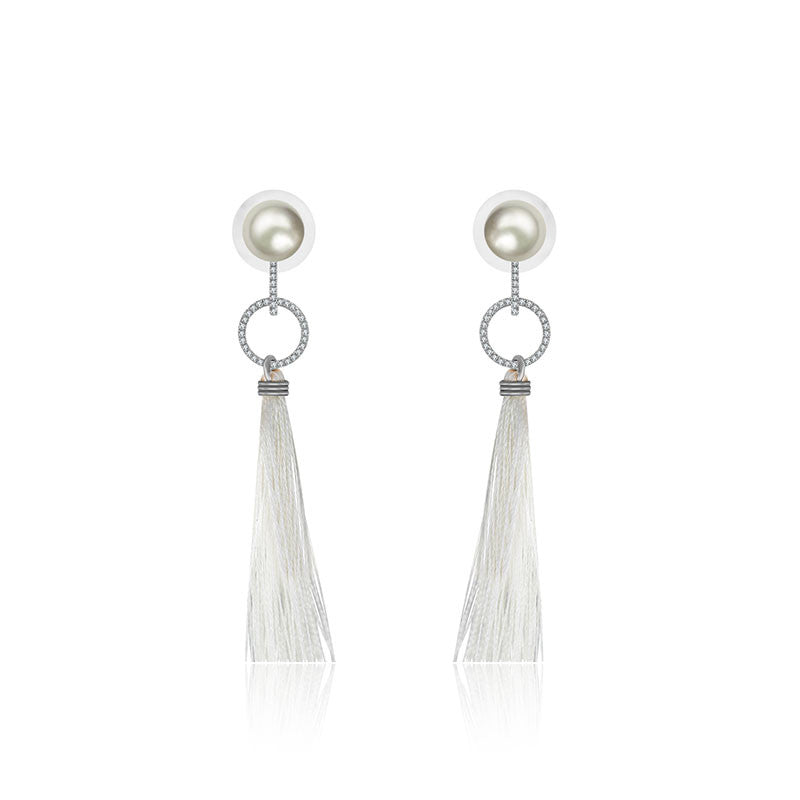18k Gold Round Shape Tassel Diamond Earring With Pearl - Genevieve Collection