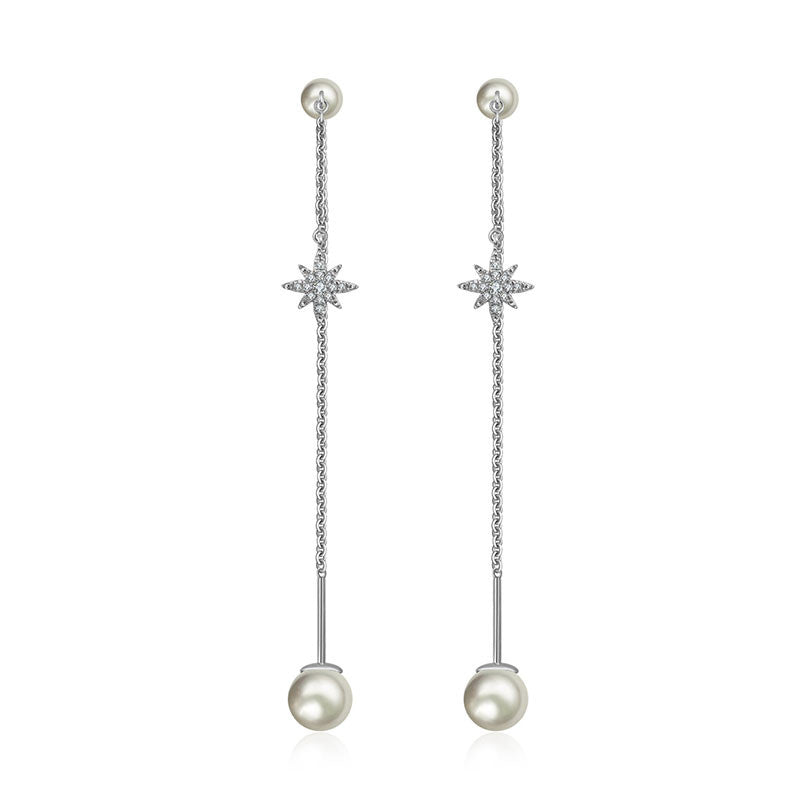 18k Gold Star Shape Chain Diamond Earring With Pearl - Genevieve Collection