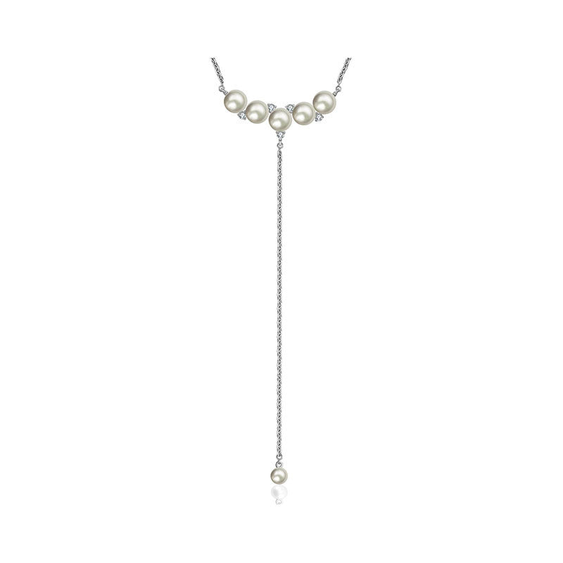 18k Gold Pearl Dangling Diamond Necklace - Genevieve Collection
