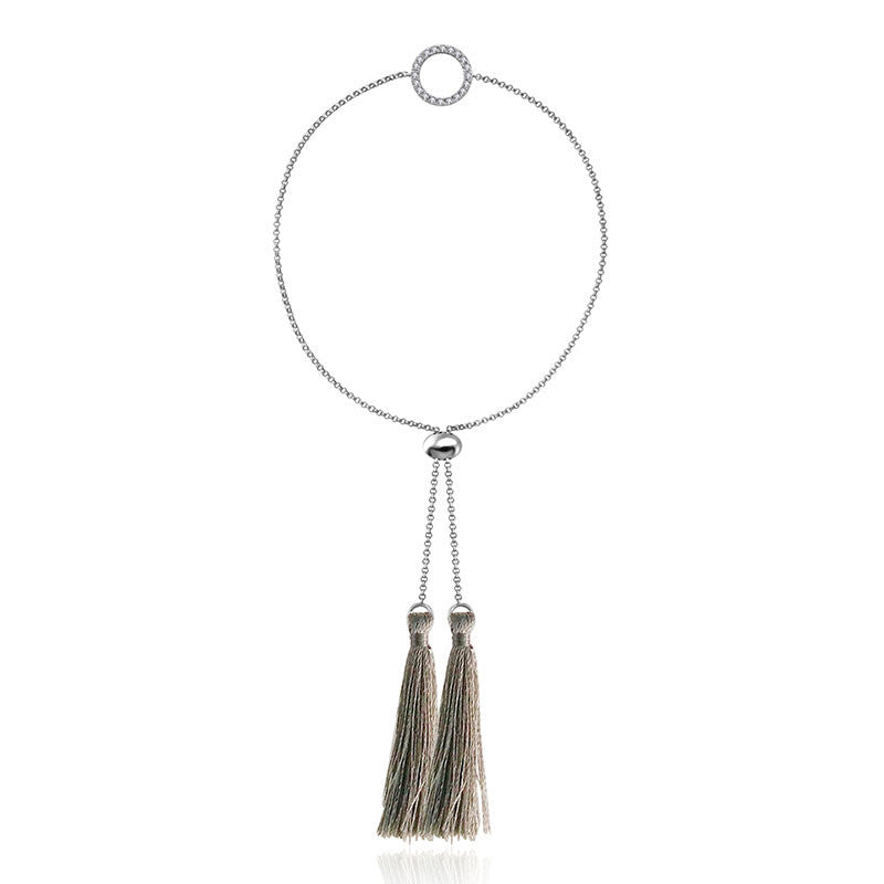 18k Gold Round Shape Diamond Bracelet with Gray Tassel - Genevieve Collection