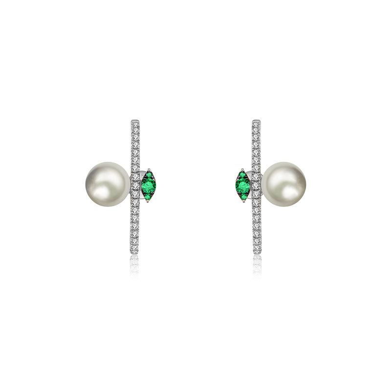 18k Gold Half Hoop Diamond Earring with Pearl and Emerald - Genevieve Collection