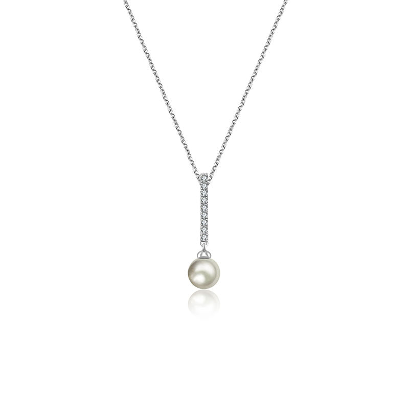 18k Gold 2 ways Line Shaped Diamond Necklace with Pearl - Genevieve Collection