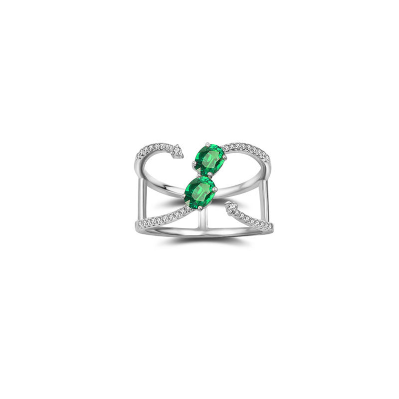 18k Gold Double Emerald Connected Diamond Ring - Genevieve Collection