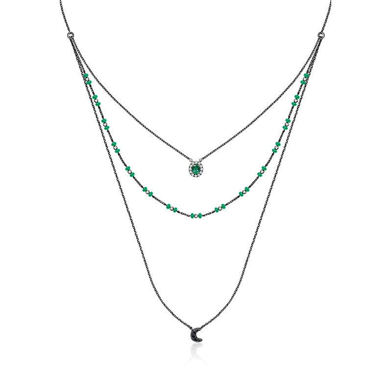 18k Gold 3 layers Stack Diamond Necklaces with Emerald bead - Genevieve Collection