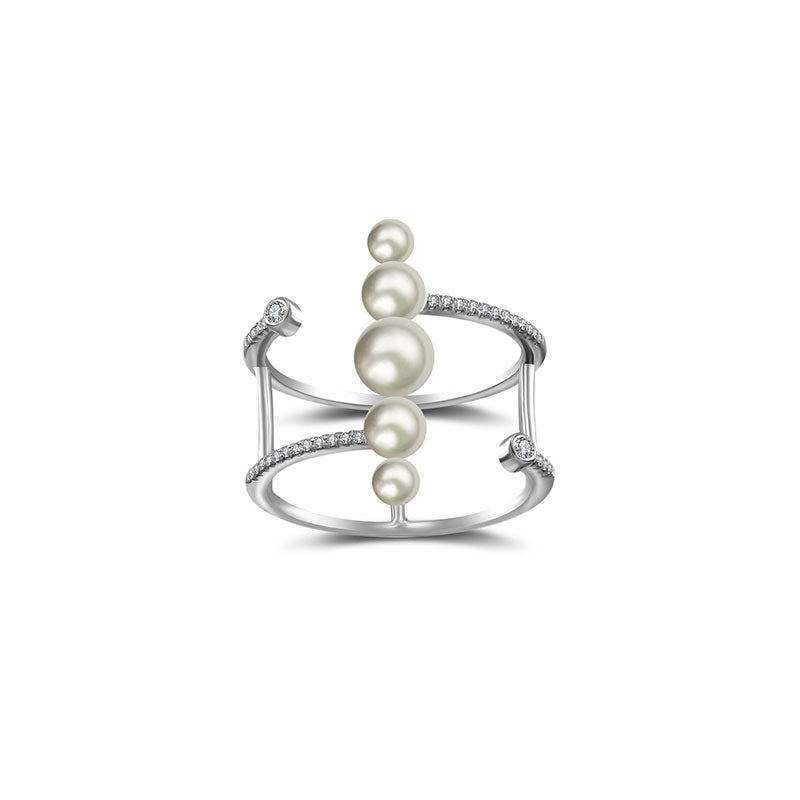 18k Gold Pearl Double Open Diamond Ring - Genevieve Collection
