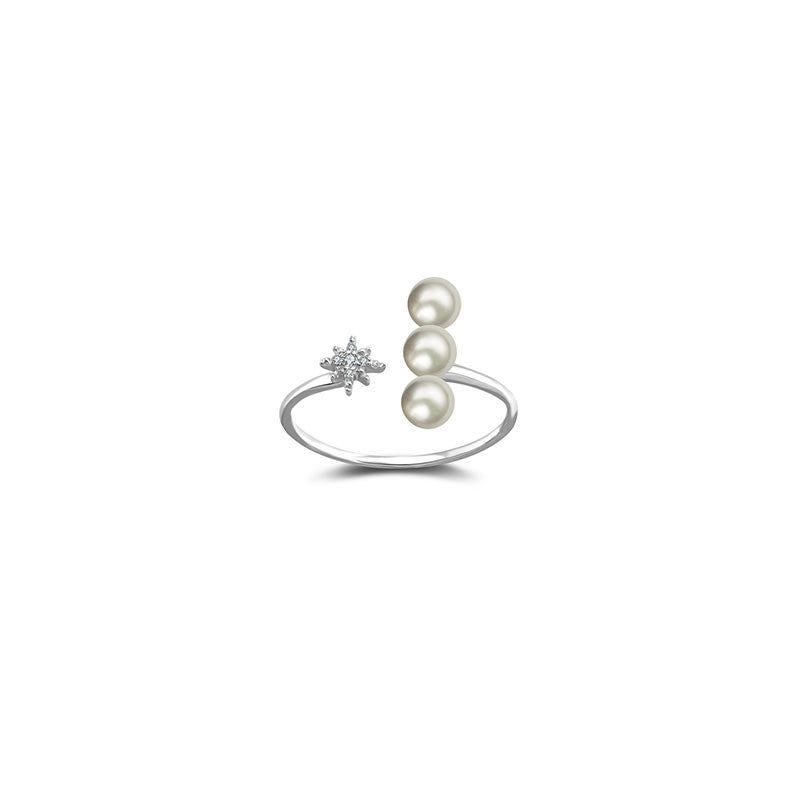 18k Gold Star Open Diamond Ring With Pearl - Genevieve Collection