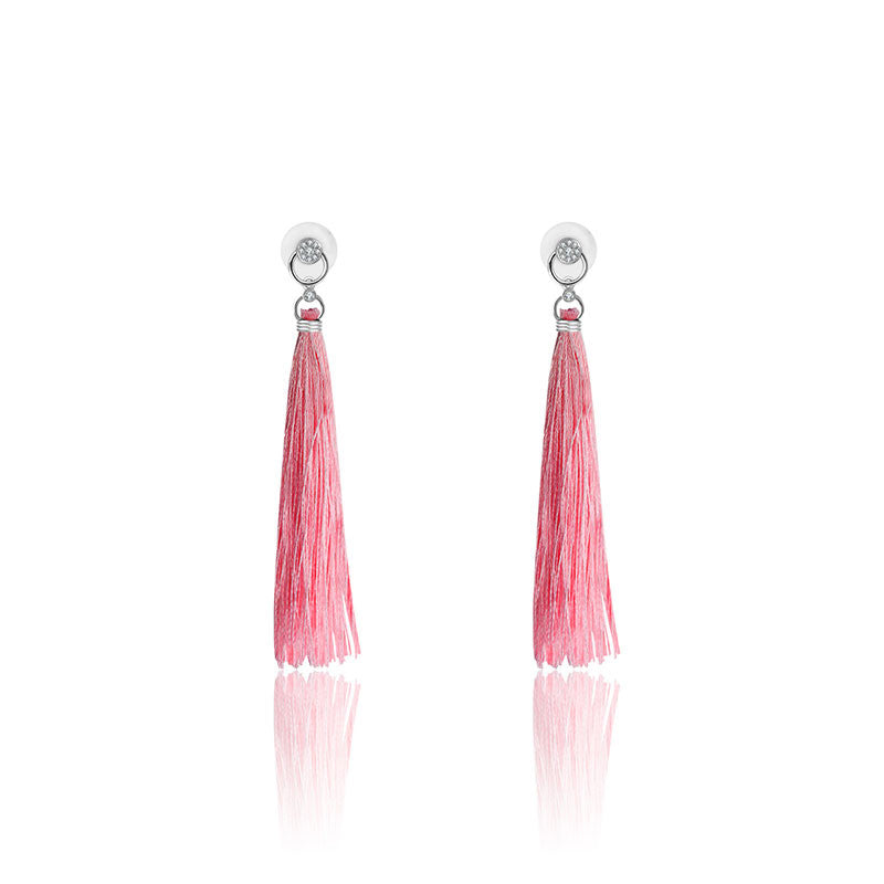 18k Gold Round Shape Diamond Earring with Pink Tassel - Genevieve Collection