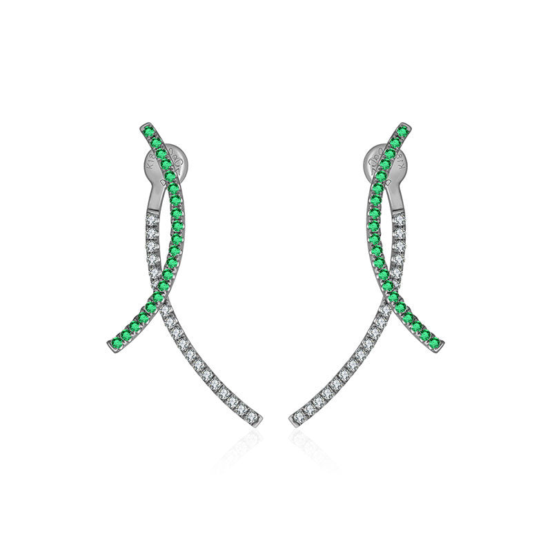 18k Gold Double Curve Diamond Earring With Emerald - Genevieve Collection