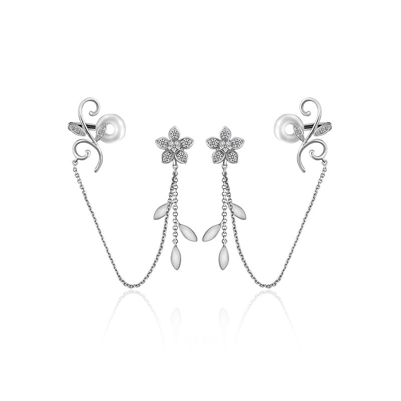 18k Gold Flower Shape with Chain Diamond Ear Cuff & Earring - Genevieve Collection