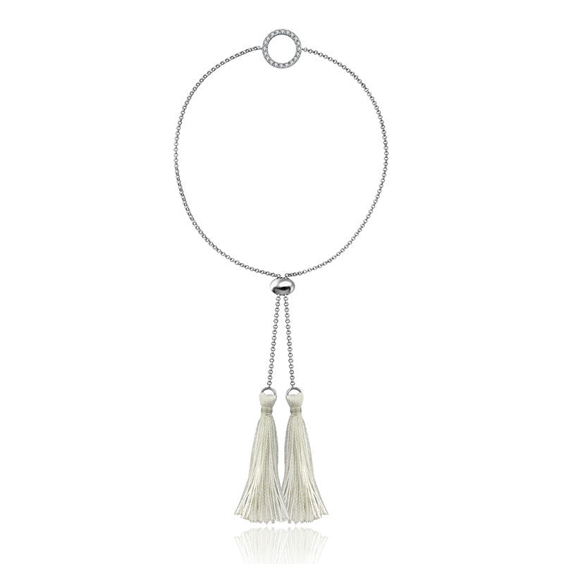 18k Gold Round Shape Diamond Bracelet with White Tassel - Genevieve Collection