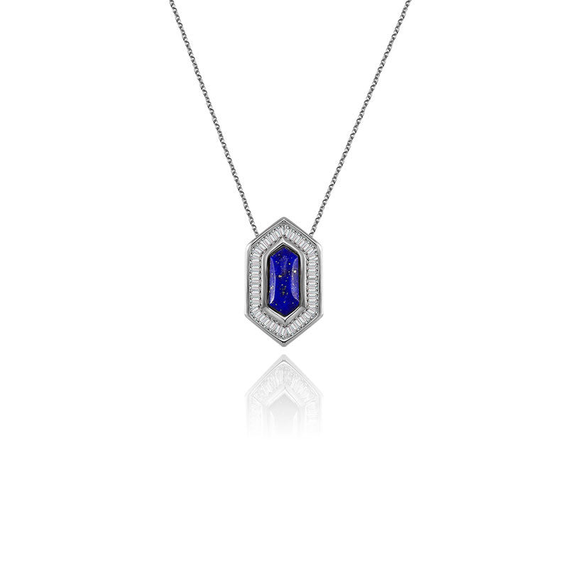 18k Gold Hexagonal Shape Lapis Diamond Necklace - Genevieve Collection
