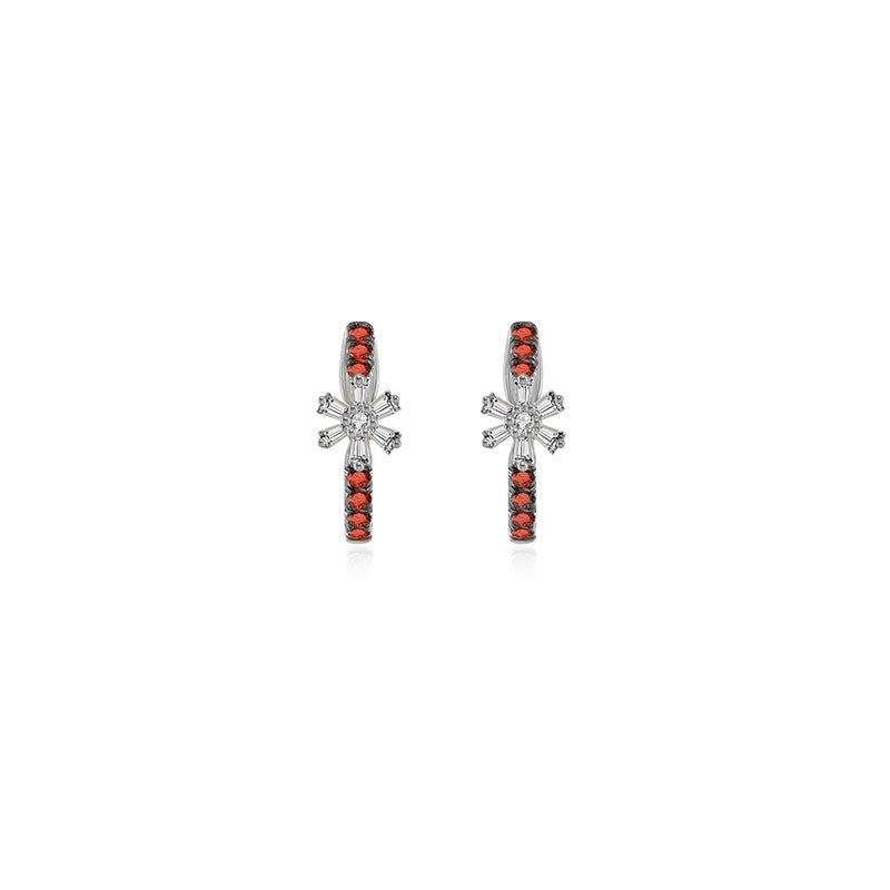 18k Gold Hoop Diamond And Ruby Earring with Flower Pattern - Genevieve Collection