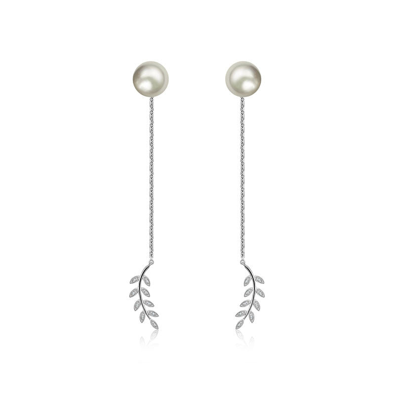 18k Gold Greek Leaf Dangling Diamond Earring With Pearl - Genevieve Collection