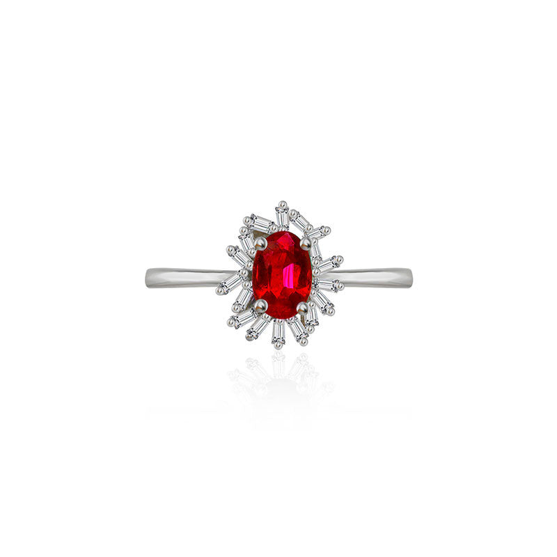 18k Gold Ruby Ring Surrounded by Irregular Shape Diamond - Genevieve Collection