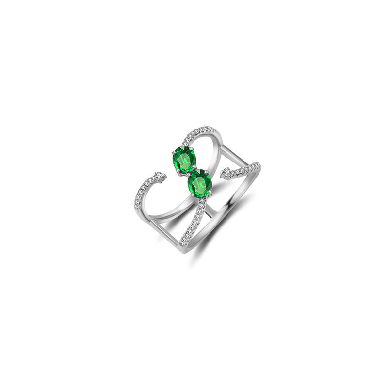 18k Gold Double Emerald Connected Diamond Ring - Genevieve Collection