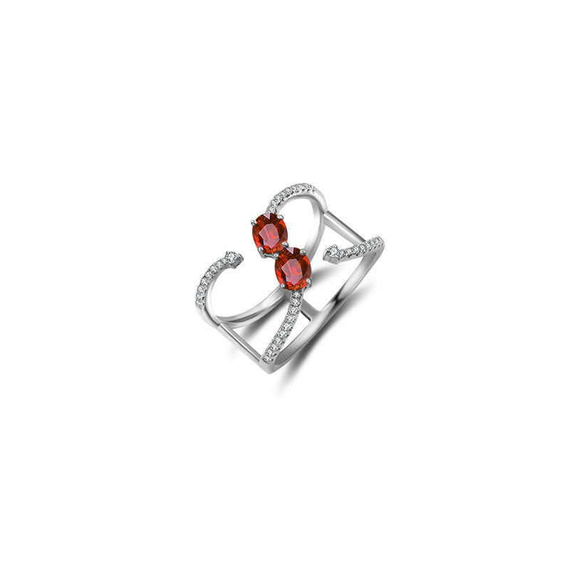 18k Gold Double Ruby Connected Diamond Ring - Genevieve Collection