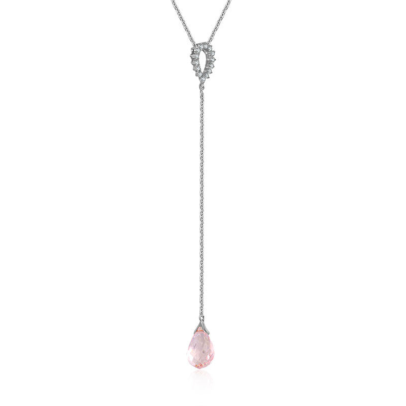 18k Gold Pink Quartz Chain Diamond Necklace With Drop Shape - Genevieve Collection