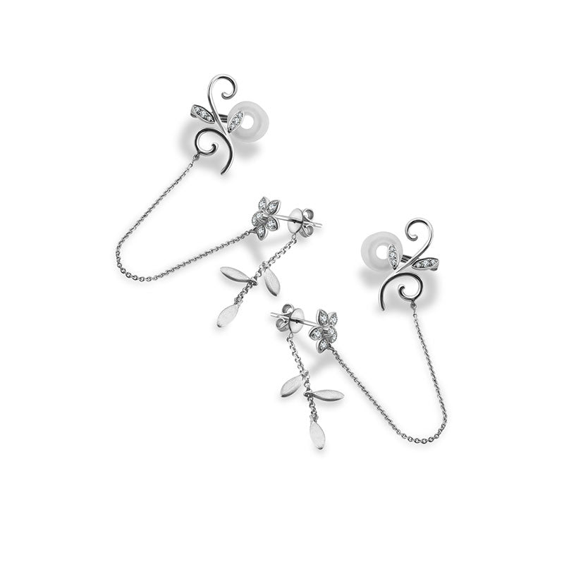 18k Gold Flower Shape with Chain Diamond Ear Cuff & Earring - Genevieve Collection