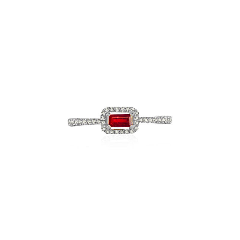 18k Gold Rectangle Shape Ruby Ring Surrounded by Diamond - Genevieve Collection