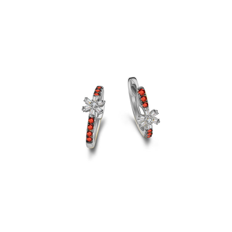 18k Gold Hoop Diamond And Ruby Earring with Flower Pattern - Genevieve Collection