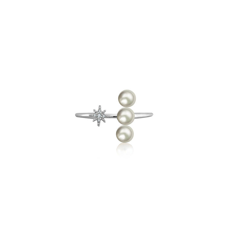 18k Gold Star Open Diamond Ring With Pearl - Genevieve Collection
