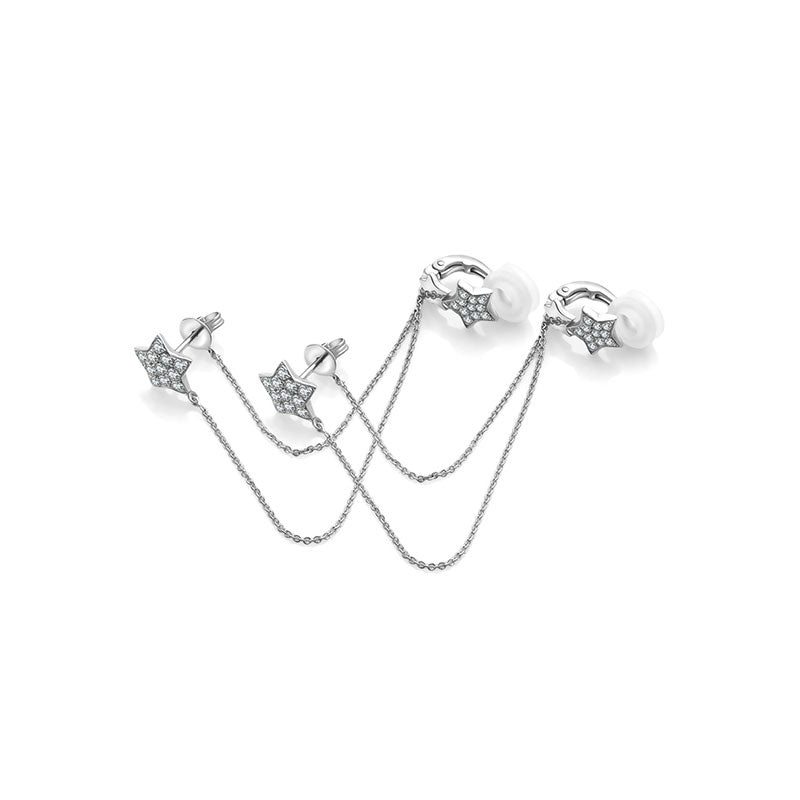 18k Gold Star Shape with Chain Diamond Ear Cuff & Earring - Genevieve Collection