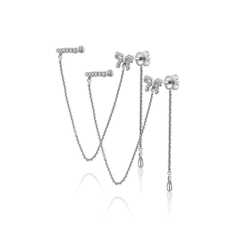 18k Gold Ribbon Shape with Chain Diamond Ear Cuff & Earring - Genevieve Collection