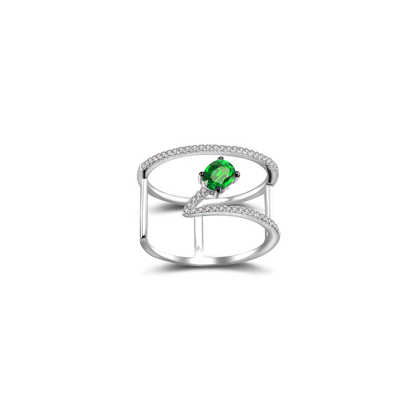 18k Gold Diamond Double Ring with Emerald - Genevieve Collection
