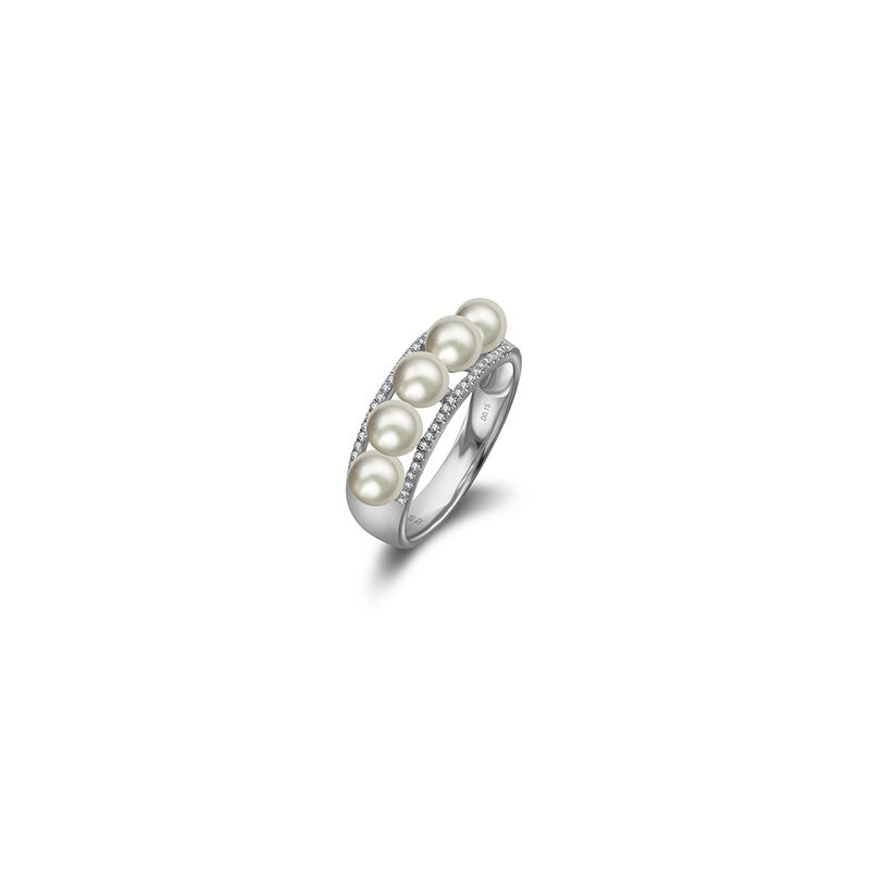 18k Gold Double Line Diamond Ring With Pearl - Genevieve Collection