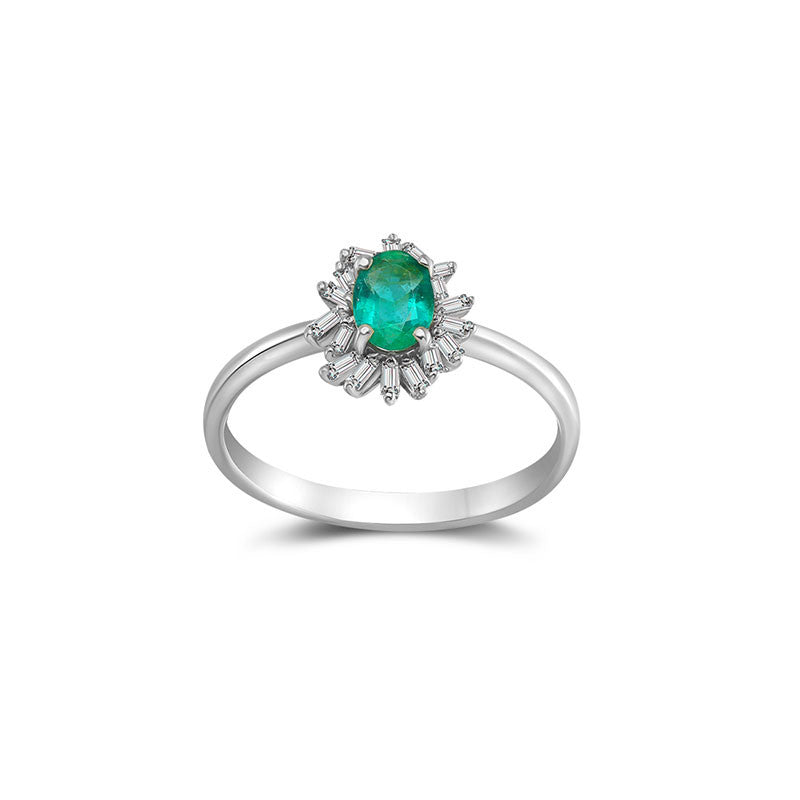 18k Gold Emerald Ring Surrounded by Irregular Shape Diamond - Genevieve Collection