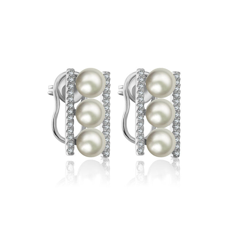 18k Gold Pearl Diamond Earring in Line Order - Genevieve Collection