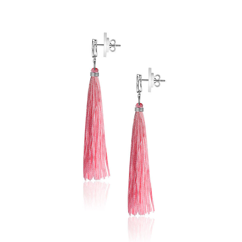 18k Gold Round Shape Diamond Earring with Pink Tassel - Genevieve Collection