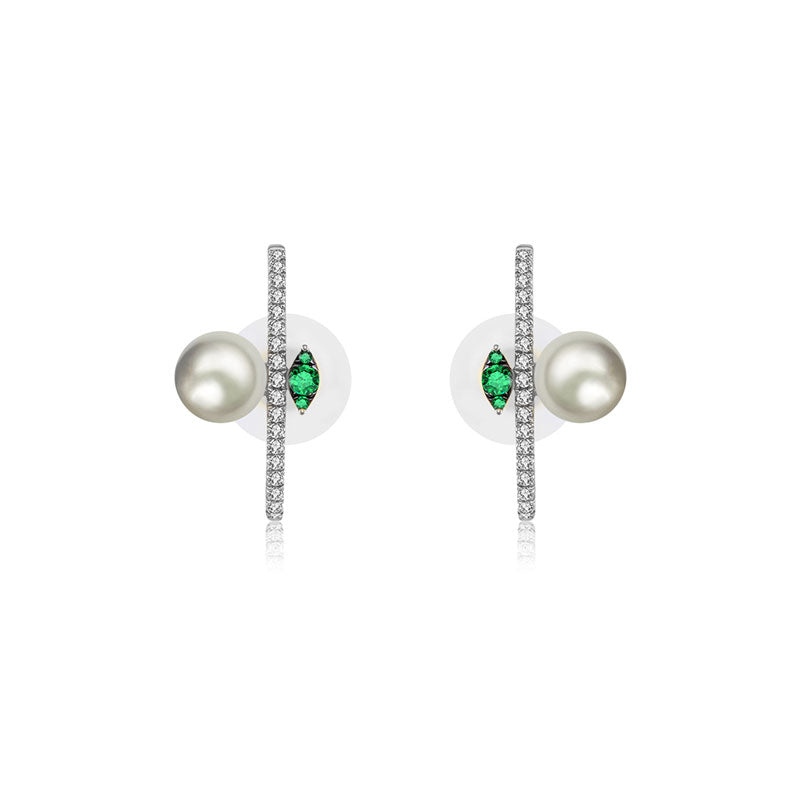 18k Gold Half Hoop Diamond Earring with Pearl and Emerald - Genevieve Collection