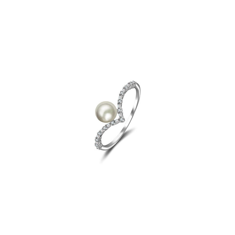 18k Gold Double Curve Diamond Ring With Pearl - Genevieve Collection